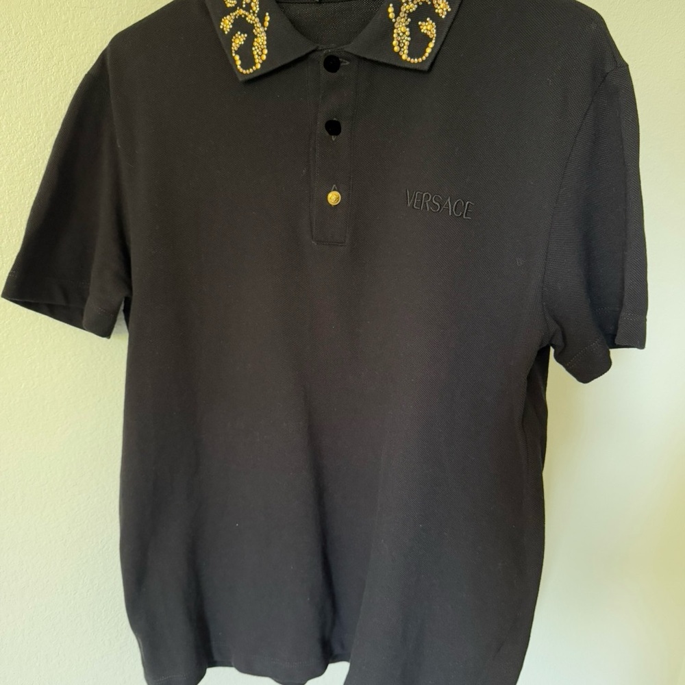 Versace Black Polo Shirt with Embroidered Collar